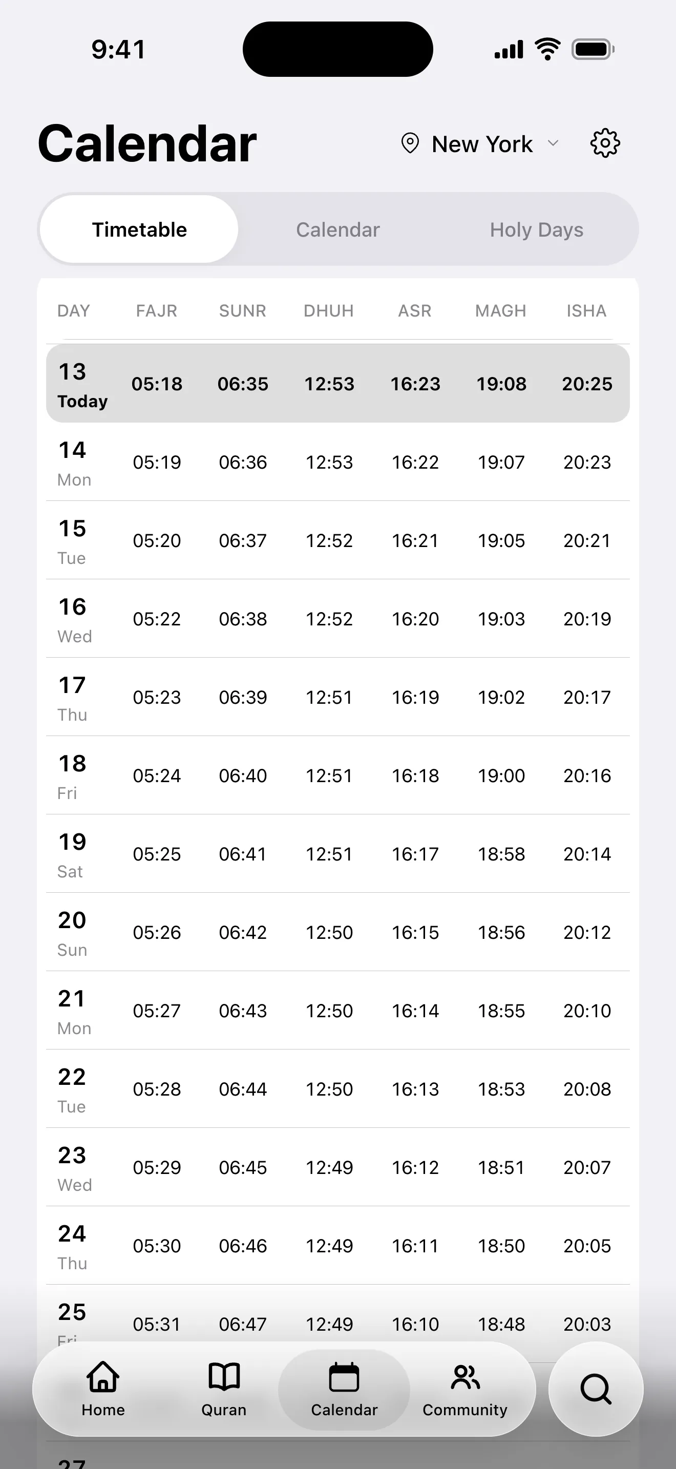 Calendar screen: the monthly prayer timetable for Istanbul
