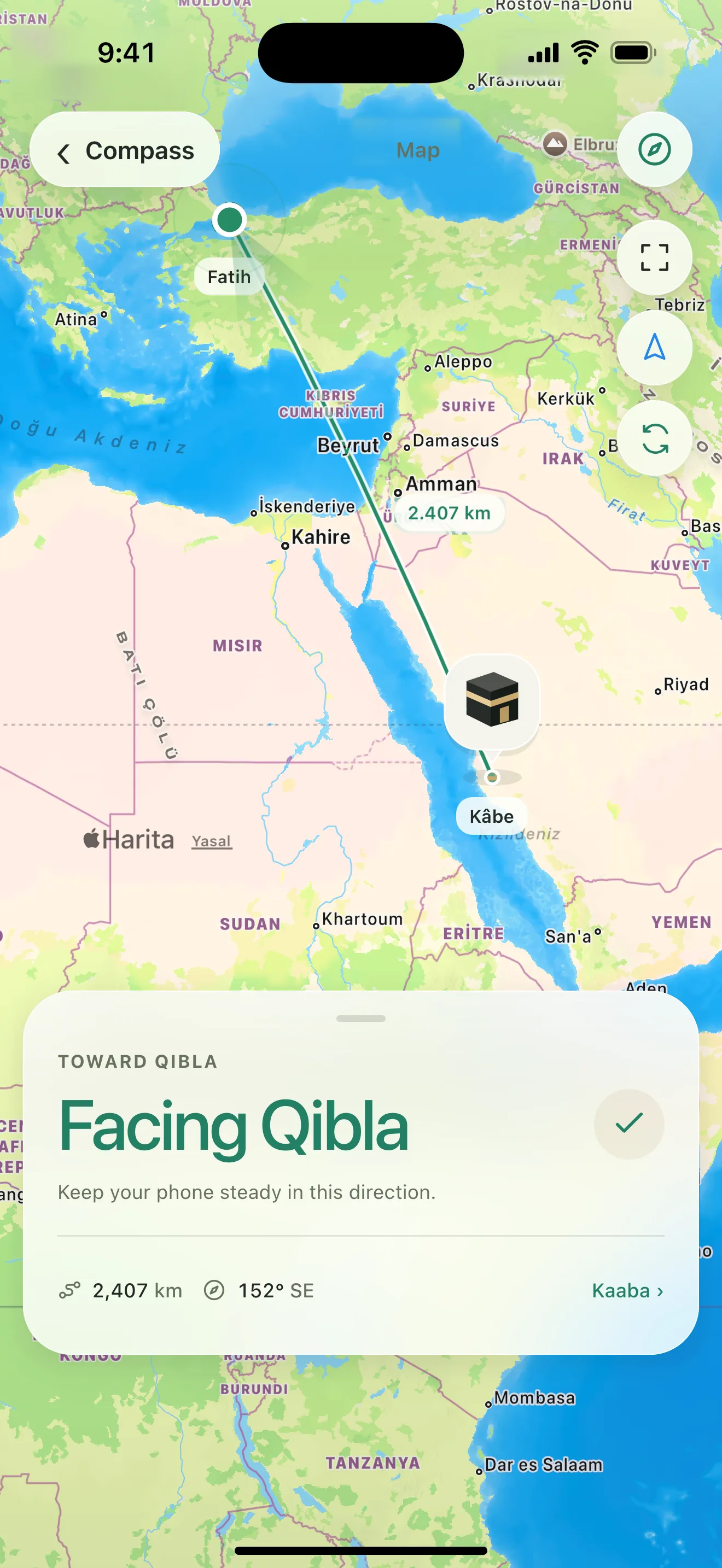 Qibla map: the line from Fatih to the Kaaba and a distance of 2,407 km