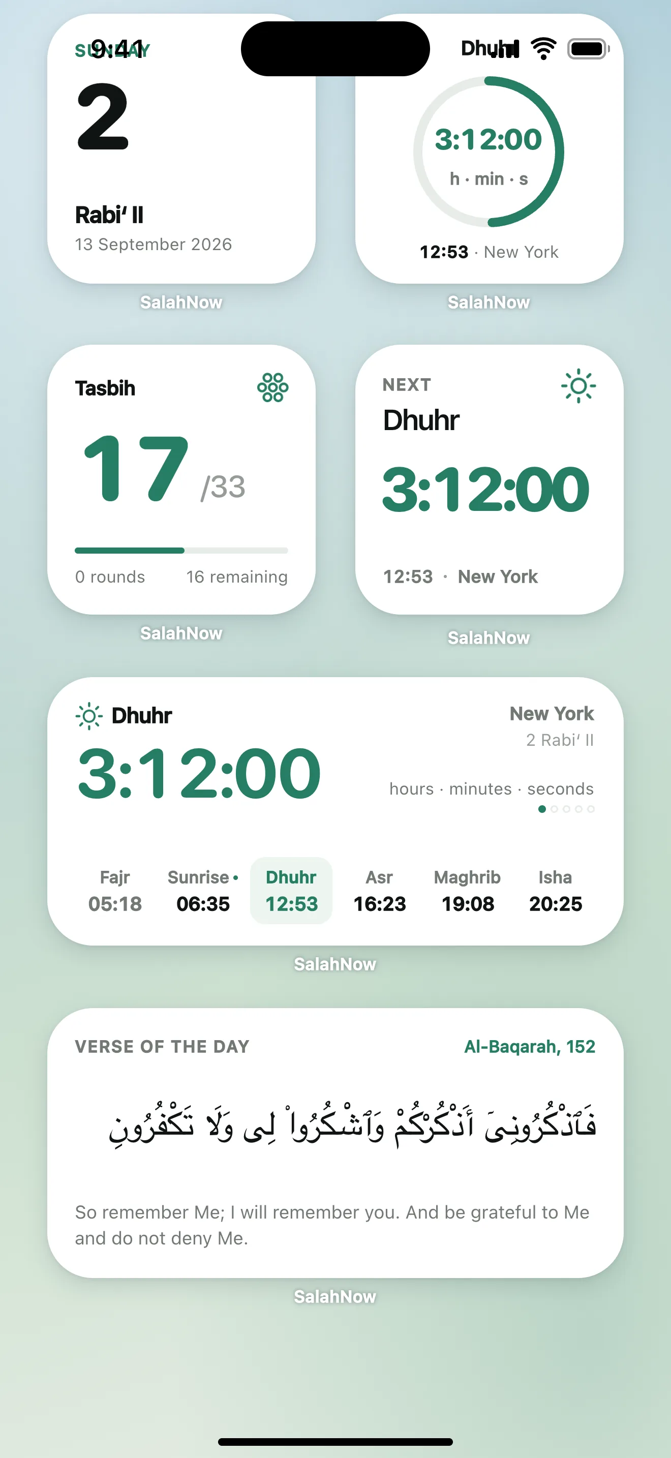 SalahNow prayer time widgets: prayer countdown, dhikr counter and the daily ayah on the Home Screen
